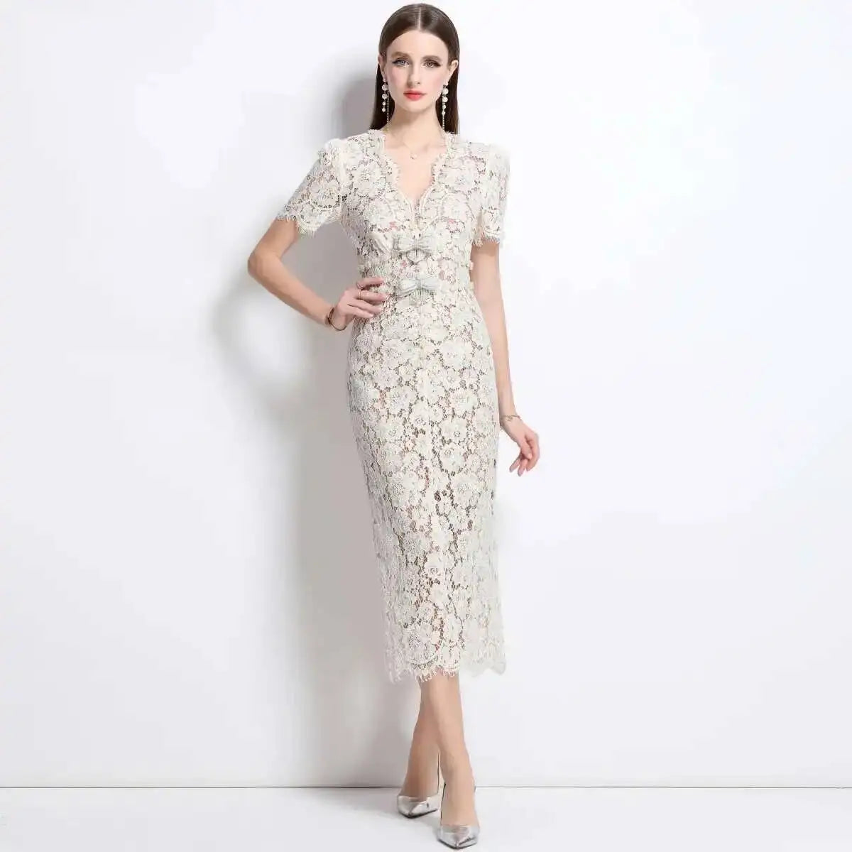 Luxury Crystal Bow Evening Formal Dress Women Summer Elegant Short Sleeve Hollow Out Pearl Embroidery Midi Long Lace Dresses