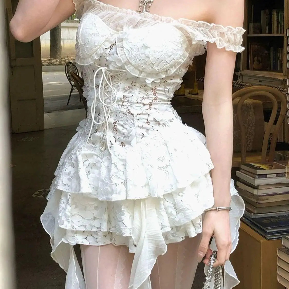 Summer Y2k Off Shoulder Sexy One Piece Dress French Vintage White Lace Slip Dresses Female Chic Design Fairy Outfits 2025 New