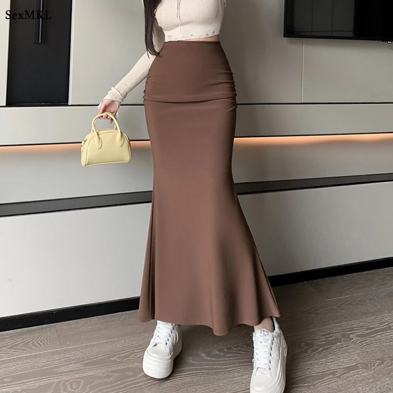 Elegant Fishtail Long Black Skirts Women 2026 High Waist Streetwear Y2k Clothes Korean Style Slim Office Lady Harajuku Mid Skirt