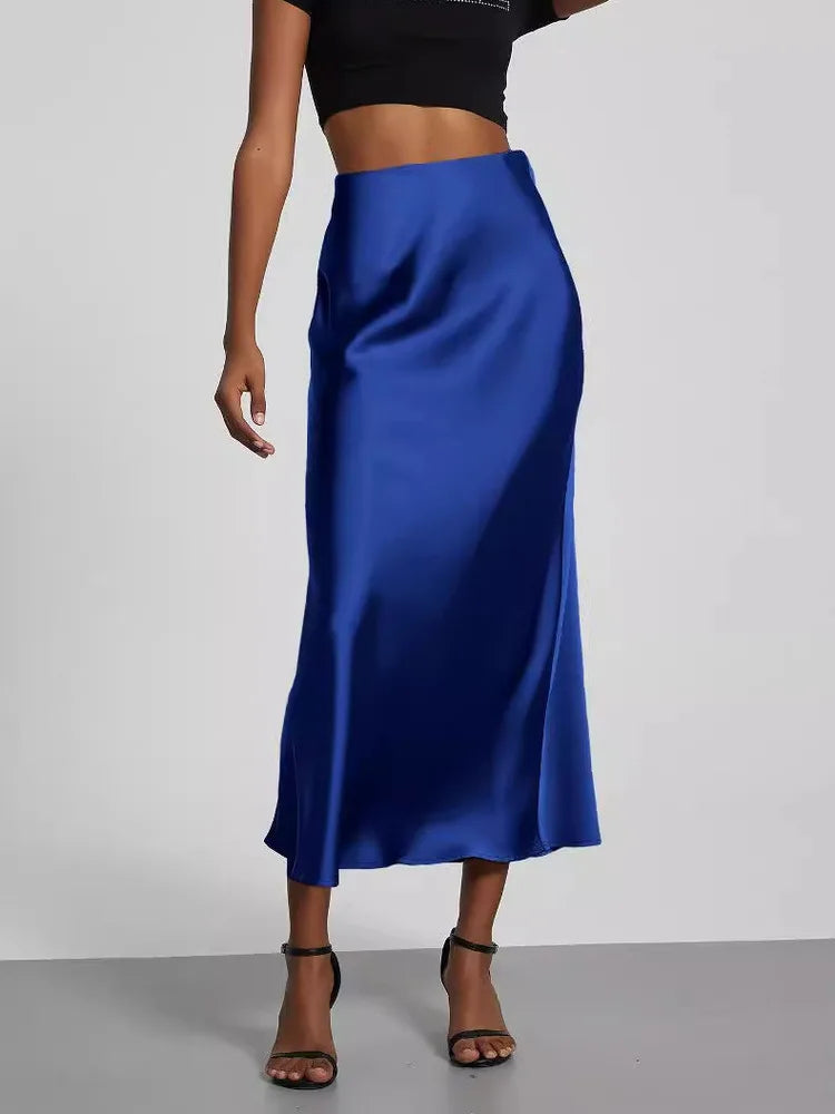 21 Colors New 2026 Women's Elegant High Waist Satin Long Skirts Female Summer Solid Color Faldas