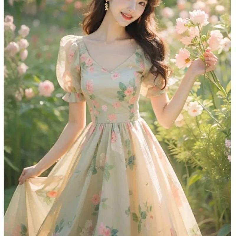 Beautiful Temperament Super Good-looking High-end Exquisite Waist-hugging Floral Puff Sleeve Dress for Women